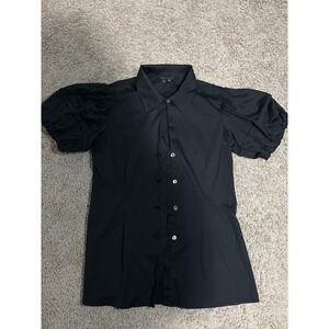 Y2K Theory Black Puff Sleeve Button Down Blouse Stretch Cotton Top Size P Petite